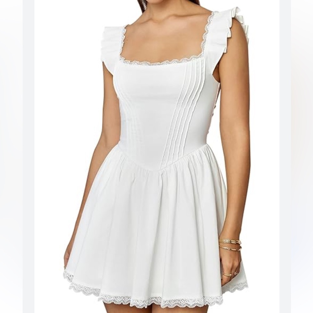 GLNEGE Ruffled Pleated Sleeve Lace Hem Mini Dress White Fully lined Size Medium